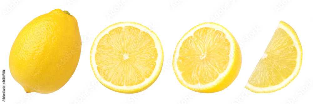ripe lemon fruit, half and slice lemon isolated, Fresh and Juicy Lemon, transparent png, collection, cut out. - obrazy, fototapety, plakaty 