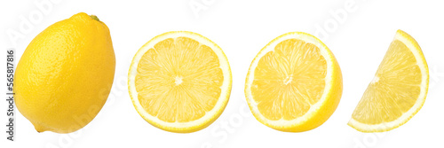 Fototapete ripe lemon fruit, half and slice lemon isolated, Fresh and Juicy Lemon, transparent png, collection, cut out
