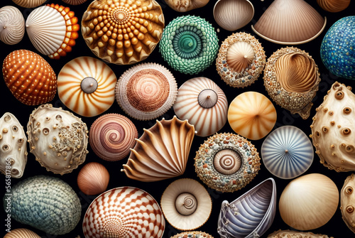 Pattern of various sea shells. Generative AI © Shiva3D