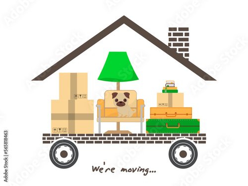 Transportation and home removal. Stylized house on wheels with boxes, suitcases, pet for moving. We're moving. Vector for your design. EPS10.