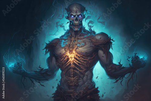 A sinister devastated necromancer in a spiked hood and a torn cloak over hundreds of rising zombie corpses on the battlefield among the ruins art  ai generated 