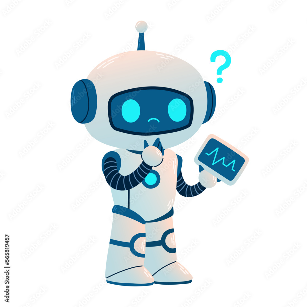 Cute Robot with tablet and question. Cartoon Science Technology Concept Isolated Vector. Flat Cartoon Style