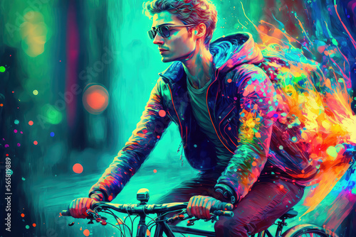 illustration painting of young man riding a bicycle with a colorful energy, digital art style. (ai generated)