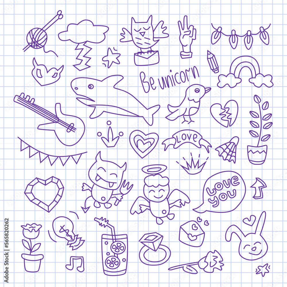 Contour drawings doodle set about love, kisses, travel, fantasy, and leisure. Outline Vector Illustration on white background.