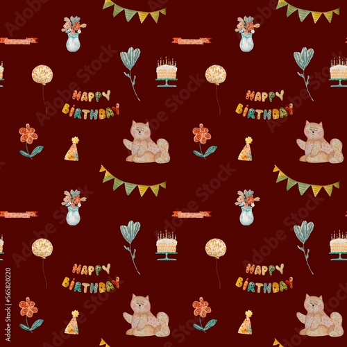 Happy birthday cake cat red pattern watercolor