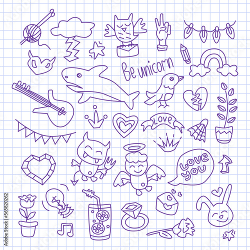 Contour drawings doodle set about love  kisses  travel  fantasy  and leisure. Outline Vector Illustration on white background.