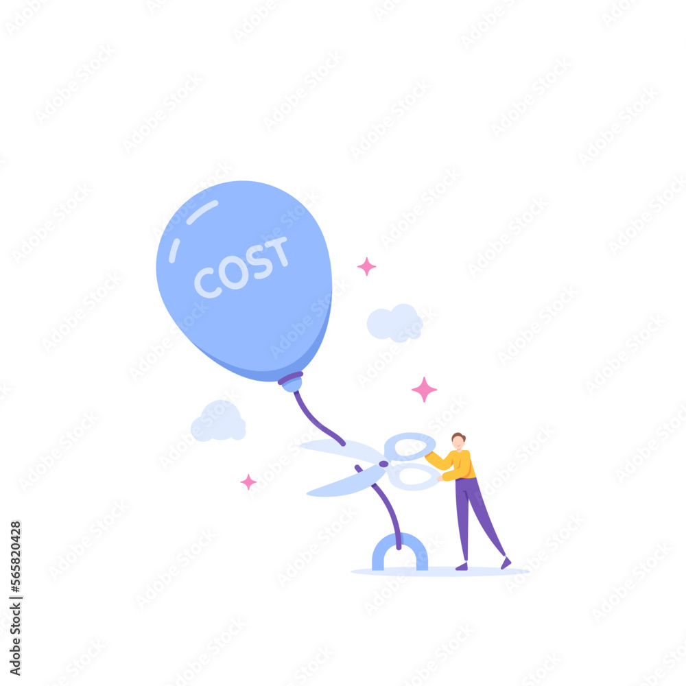 reduce the costs involved. cut unnecessary costs. cut or eliminate factors that can increase the costs that must be incurred. a businessman cuts a balloon with scissors. illustration concept design reduce the costs involved. cut unnecessary costs. cut or eliminate factors that can increase the costs that must be incurred. a businessman cuts a balloon with scissors. illustration concept design