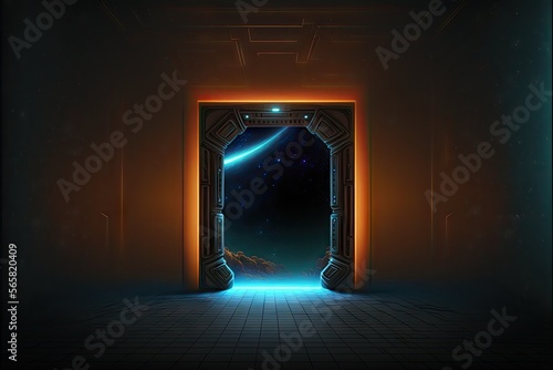 Futuristic dark corridor with door to another dimension
