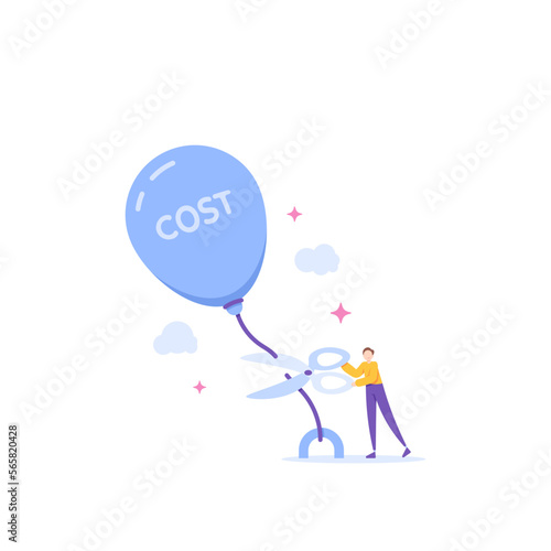 reduce the costs involved. cut unnecessary costs. cut or eliminate factors that can increase the costs that must be incurred. a businessman cuts a balloon with scissors. illustration concept design