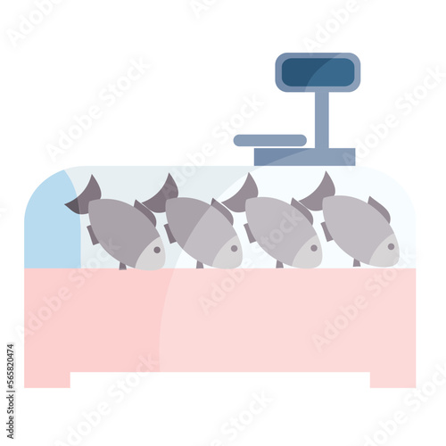 counter with electronic scales, fresh fish lies on the counter, flat, isolated object on a white background, vector illustration,