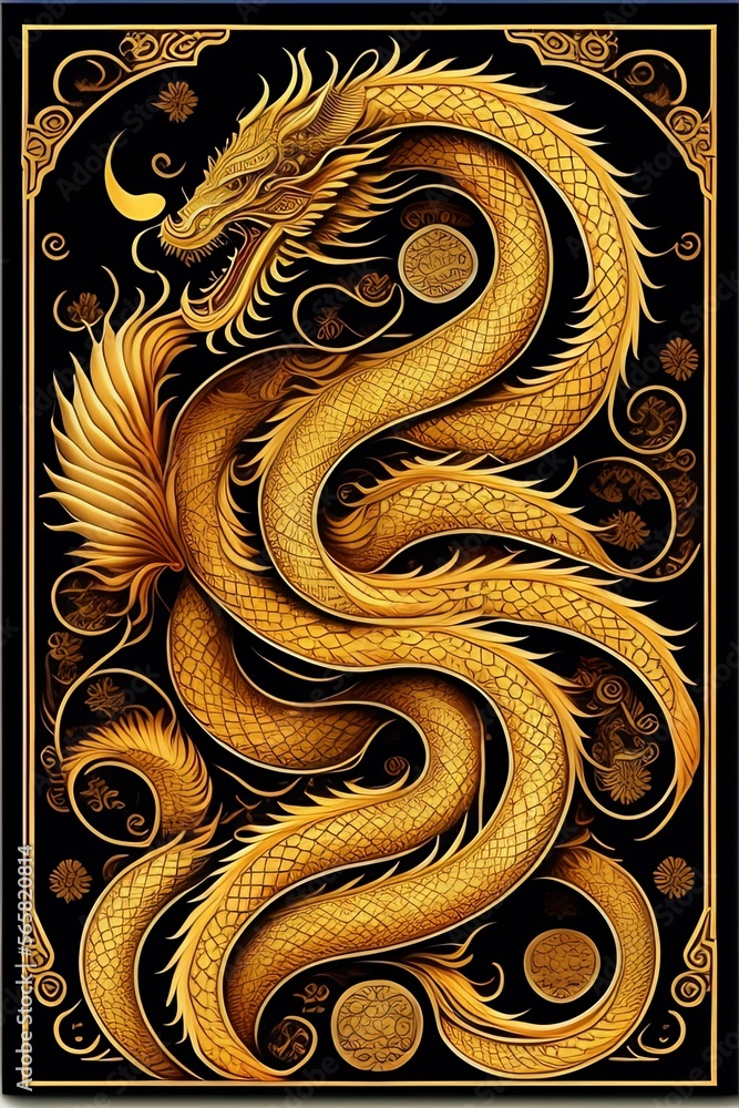 Year of the dragon. Chinese astrology tarot cards line drawing. Asian style art