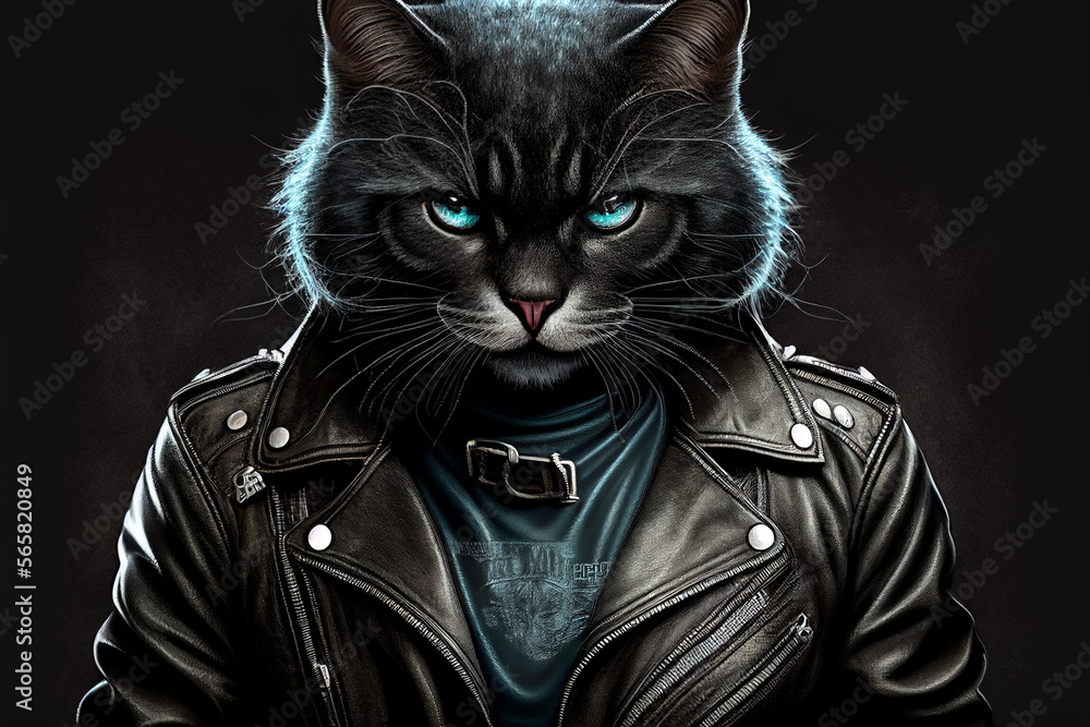 Cool cat in black leather jacket With Generative AI Illustration Stock |  Adobe Stock