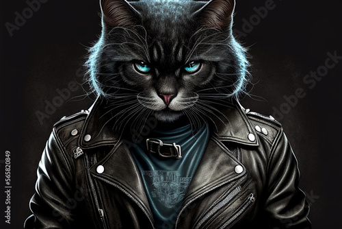 Cool cat in black leather jacket With Generative AI