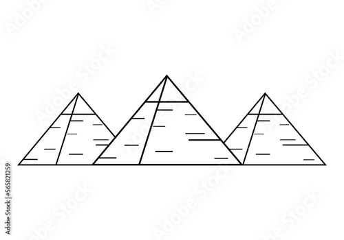 Three egypt ancient pyramids of giza are egyptian pharaoh tomb on white background line outline vector black icon design.