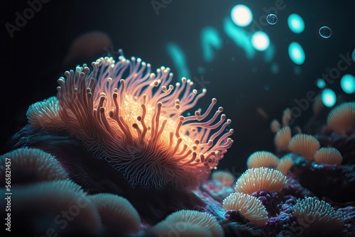 sea anemone, glowing on sea bed, generative ai composite