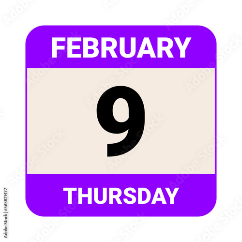 9 February, Thursday. Date template. Useful design for calendar or event promotion. Vector illustration EPS 10 File