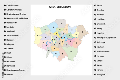 Administrative map of Greater London region, United Kingdom