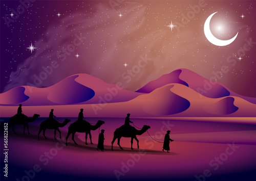 camel caravan going through the desert on beautiful on starry night
