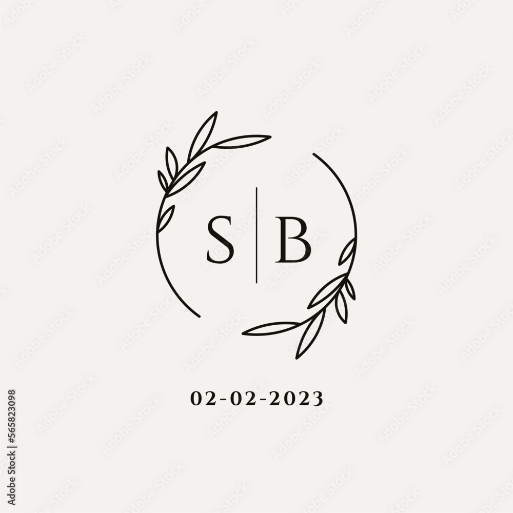 Letter SB wedding monogram logo design with simple natural circle leaf ...
