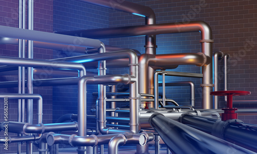 Pipes inside chemical plant. Steel pipes in brick basement. Chemical processing pipeline. Boiler room of factory. Fragment of chemical production. Steel pipes with red valves. 3d image.
