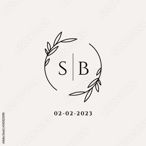 Letter SB wedding monogram logo design with simple natural circle leaf frame