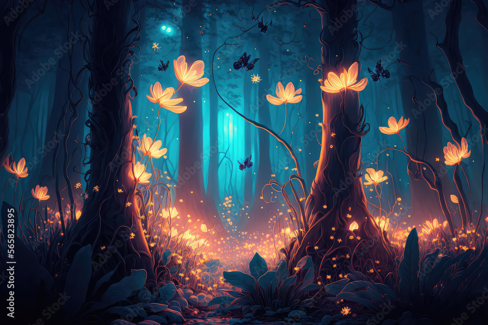Fototapeta premium Fairy forest at night, fantasy glowing flowers and lights. (ai generated)