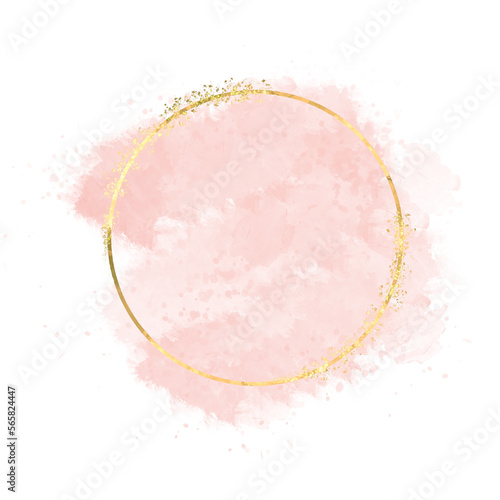 Crcle frame and glitter gold lines round contour frame for banner or logo wedding elements. Pastel rose or pink watercolor brush stroke splash with luxury golden square. photo