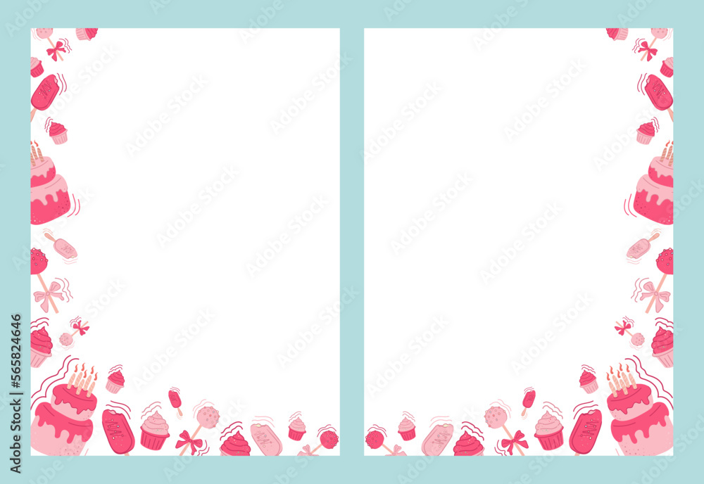 background with cakes and birthday cakes, holiday on a white background on the edge. Vector banner of sweet cupcakes, cupcakes, popsicles, cake pops. background with cakes and birthday cakes, holiday on a white background on the edge. Vector banner of sweet cupcakes, cupcakes, popsicles, cake pops.