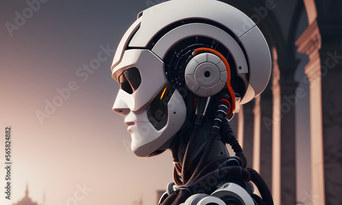 head robot with cables and gears profile italian scuplture white marble Michelangelo dynamic action pose sharp focus generated by generative ai photo