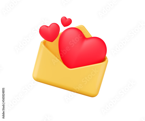 3d open envelope letter, Yellow envelope with a red card in the form of a heart realistic elements for romantic design. love letter minimal. background concept icon isolated on PNG. 3D Rendering