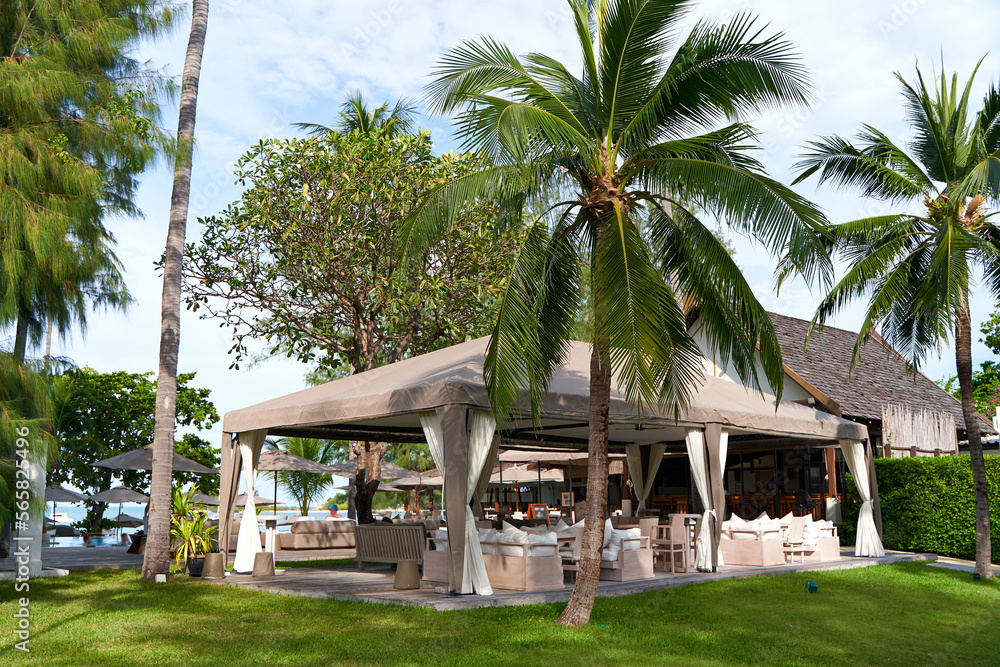 Restaurant tent in the resort complex among palm trees overlooking the sea. Suite in the tropics Restaurant tent in the resort complex among palm trees overlooking the sea. Suite in the tropics