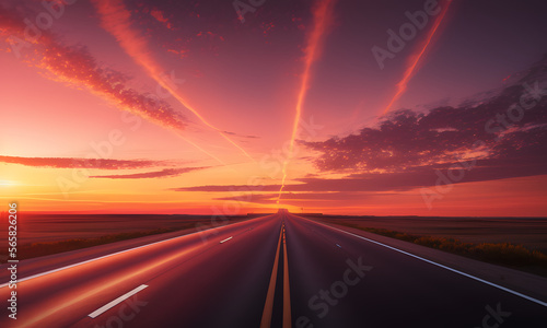 Ultrawide highway with golden ratio style 4K sides are prairies light is Golden hour sky with red Clouds ultrarealistic generated with generative ai
