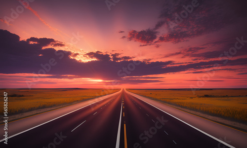 Ultrawide highway  with golden ratio style 4K  sides  are prairies light is Golden hour sky with red Clouds ultrarealistic generated with generative ai © visionart