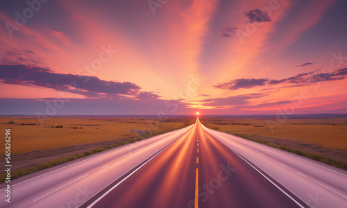 Ultrawide highway with golden ratio style 4K sides are prairies light is Golden hour sky with red Clouds ultrarealistic generated with generative ai
