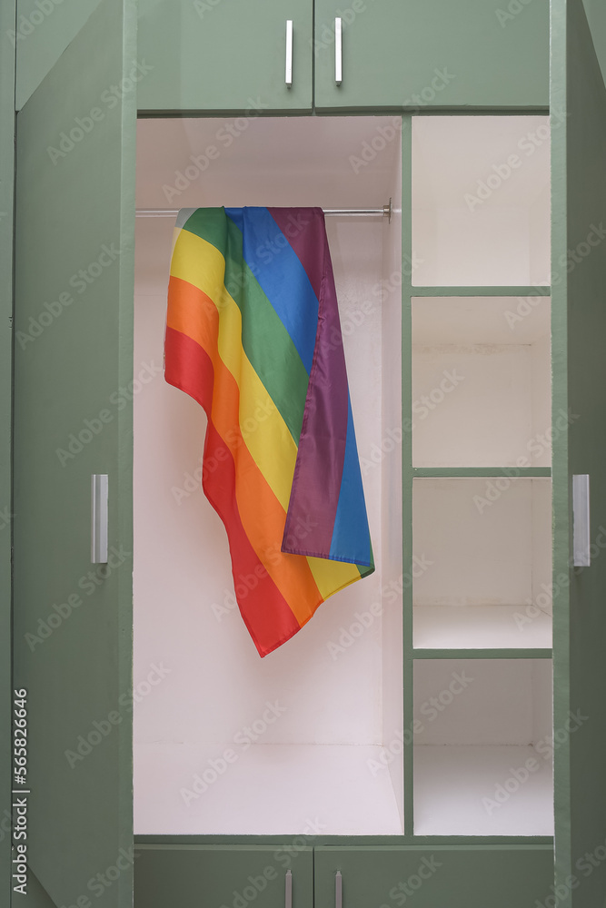 Rainbow flag hangs inside a closet, doors half opened. Fear of coming