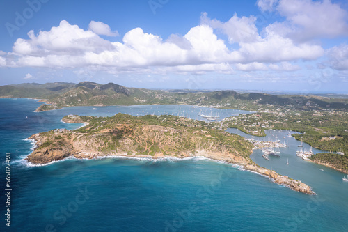 The drone aerial view of English Harbor and mountains in Antigua.