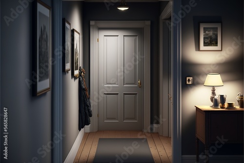 Scandinavian interior style hallway with white door and pictures at night with lamp turned on
