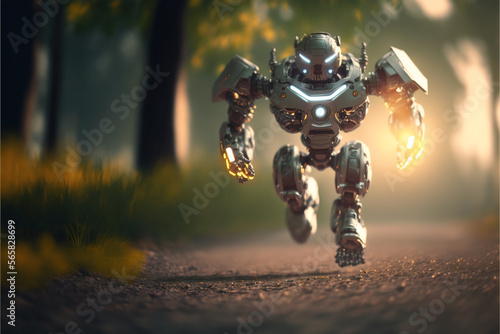 Cute robot running in public park, Generative AI