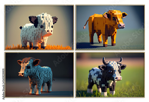 Super adorable bull collection, voxel art or pixel art style, perfect for video gaming character or mascot, ai-generative digital art. photo