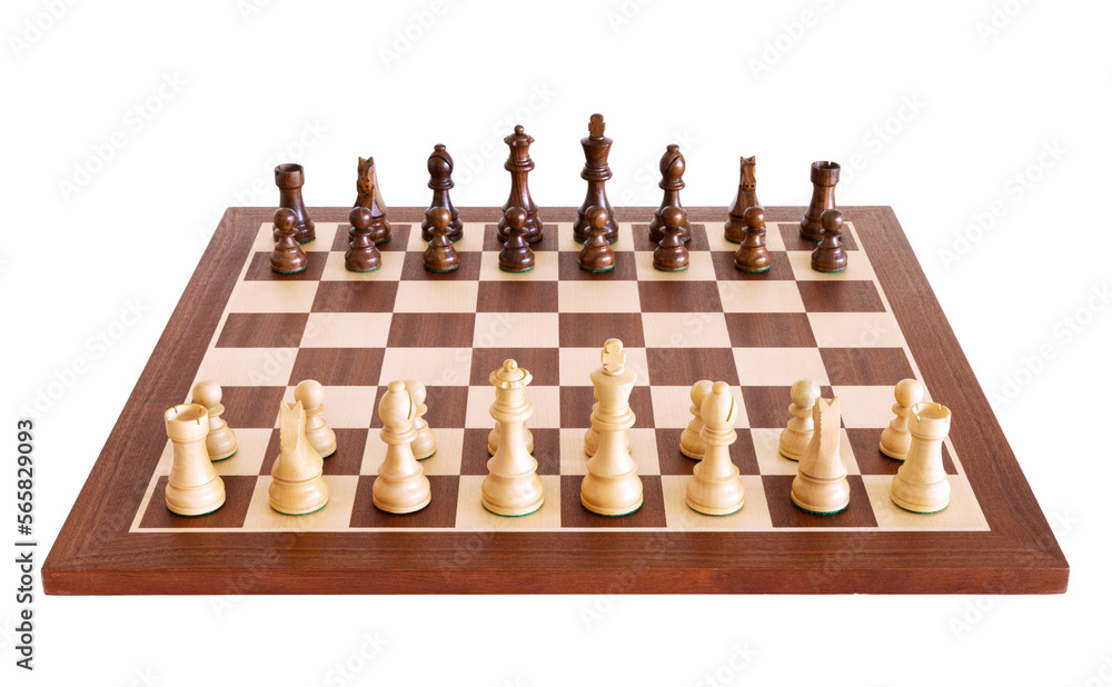 Set of wooden chessboard with chess pieces isolated on white background