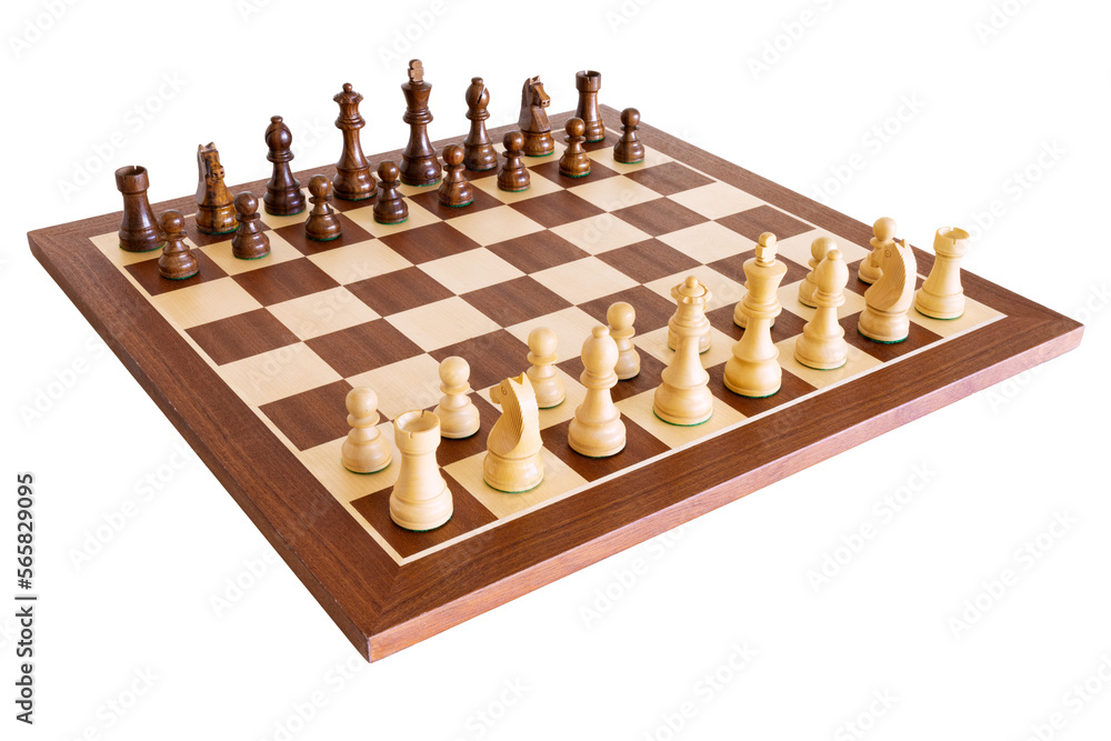 Chess set isolated on white background, wooden chessboard and chess pieces on a board - obrazy, fototapety, plakaty 