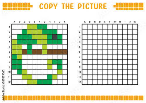 Copy the picture, complete the grid image. Educational worksheets drawing with squares, coloring cell areas. Children's preschool activities. Cartoon vector, pixel art. Green chameleon illustration.