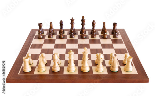 Valokuva Set of wooden chessboard with chess pieces isolated on white background