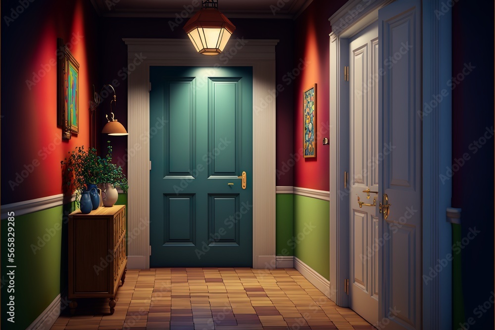Country interior style hallway with entrance door at night in the light of a lamp with potted plants