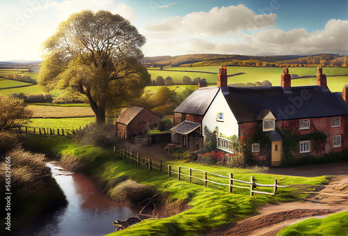Slika na platnu England landscape with beautiful houses ahd meadow