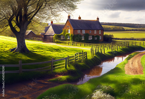 England landscape with beautiful houses ahd meadow. Generative AI Art. Beautiful view. photo