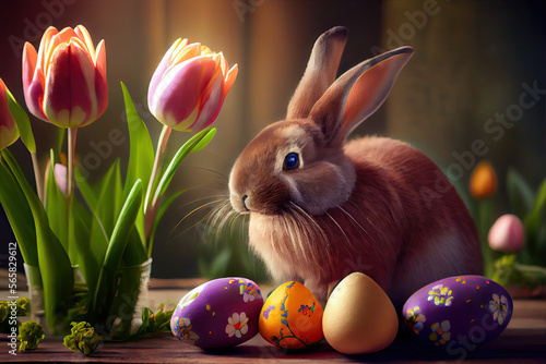 Easter bunny with eggs and tulips created with AI