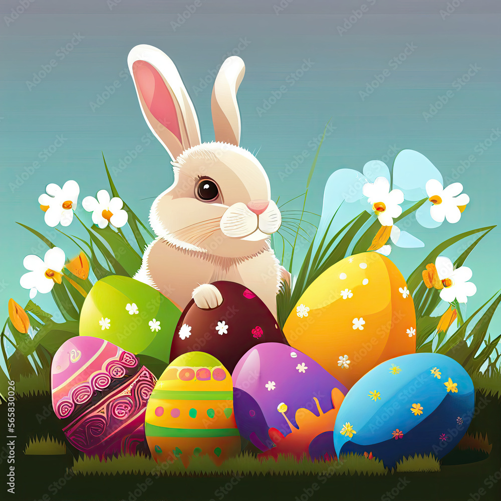 Easter bunny with eggs and flowers created with AI