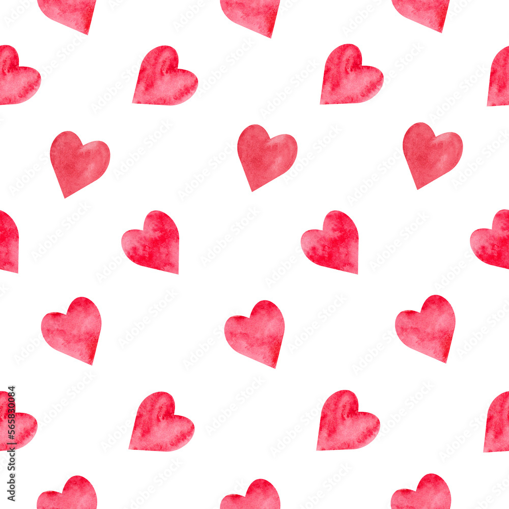 Watercolor seamless pattern with  red hearts. Hand drawn illustration isolated on white background. 