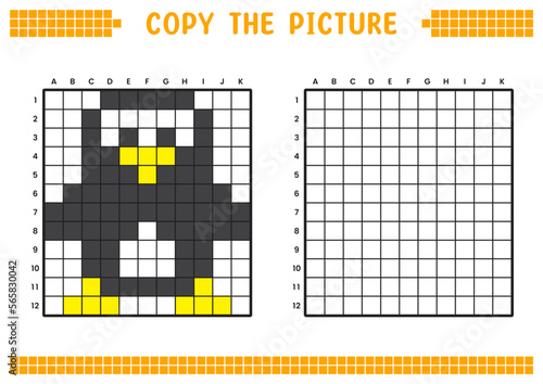 Copy the picture, complete the grid image. Educational worksheets drawing with squares, coloring cell areas. Children's preschool activities. Cartoon vector, pixel art. Polar penguin illustration.